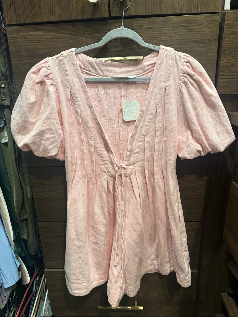 Altar'd State Evie Puff Sleeve Pink Denim Romper